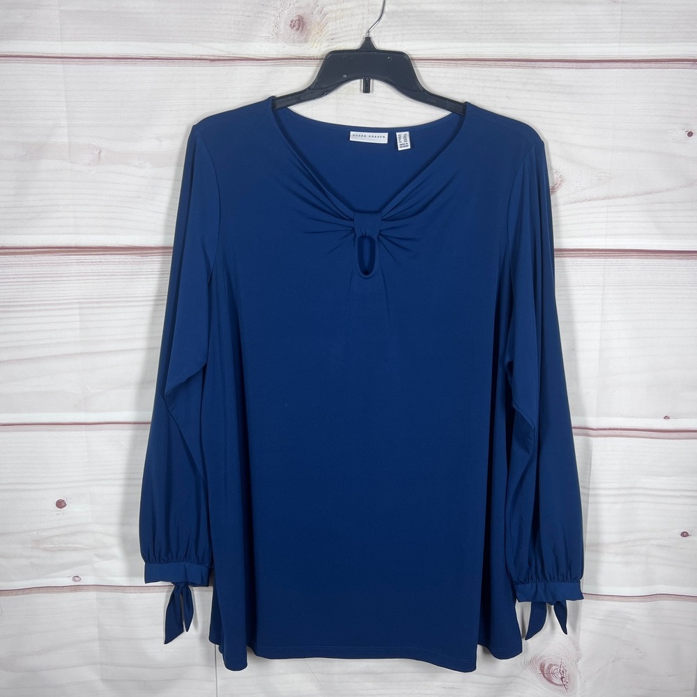 Susan Graver Top Womens 2X Blue Liquid Knit Keyhole Long Sleeve Blouse Tie Cuff